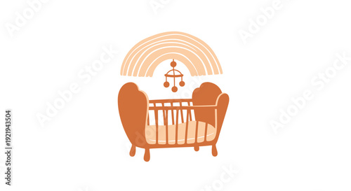 Cute boho style wooden baby crib with rainbow mobile decoration for nursery room interior