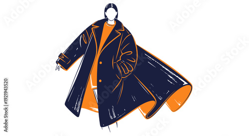 Fashion illustration of stylish woman wearing oversized blue coat with orange lining for winter trend