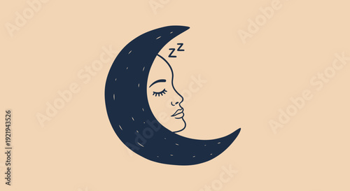 Crescent moon with sleeping female face and closed eyes for bedtime and dream concept