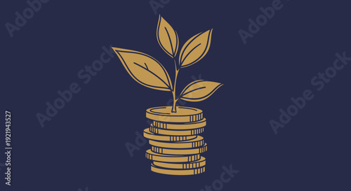 Gold line icon of plant growing from stack of coins representing financial growth and investment