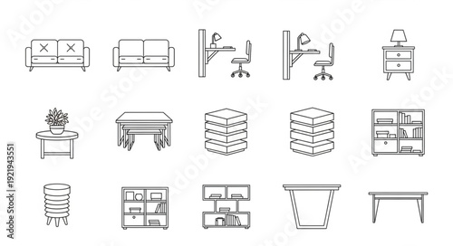 Collection of hand drawn furniture icons for interior design.