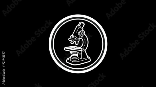 A simple outline of a microscope within a circle, white on black background