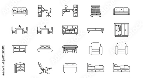 Collection of hand drawn furniture icons for interior design.
