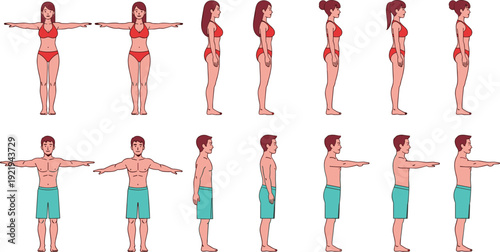 Male and female body reference sheet, front and side view character turnaround poses, anatomy template vector illustration set