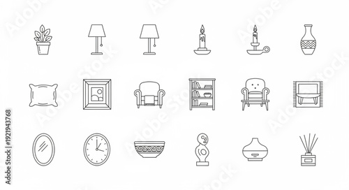 Collection of Hand Drawn Icons Representing Home Decor and Furniture.