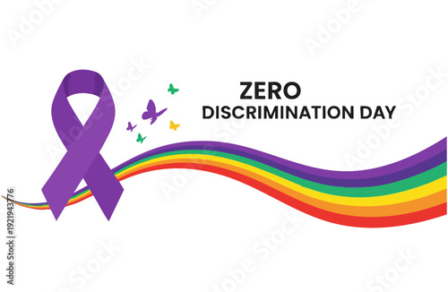 Zero Discrimination Day Awareness Illustration with Purple Ribbon, Rainbow Wave and Butterflies Promoting Equality, Diversity, Inclusion and Global Human Rights Campaign