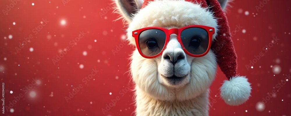 Fototapeta premium Cute alpaca wears Santa hat, red sunglasses. Animal fluffy white fur, on red background with falling snow. Festive llama celebrates winter holidays, perfect for Christmas cards New Year designs.