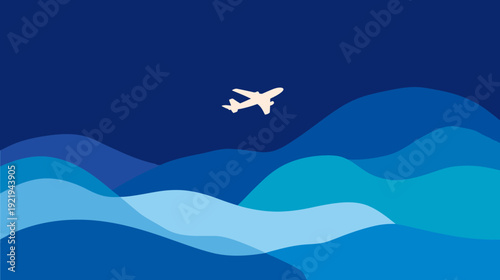 Stylized landscape with layered blue hills and a white airplane soaring in a dark blue sky