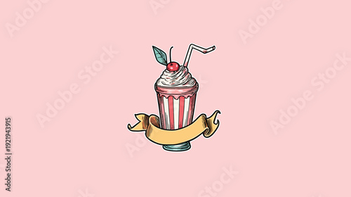 Illustration of a milkshake with whipped cream, cherry, and straw, with banner, on a pink background