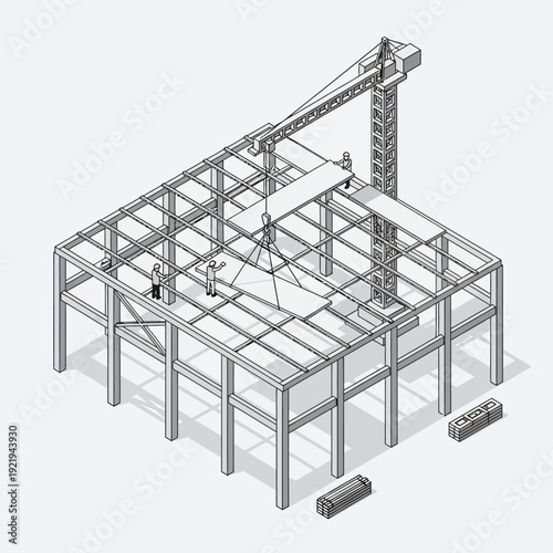 Steel building frame construction with crane and structural elements.