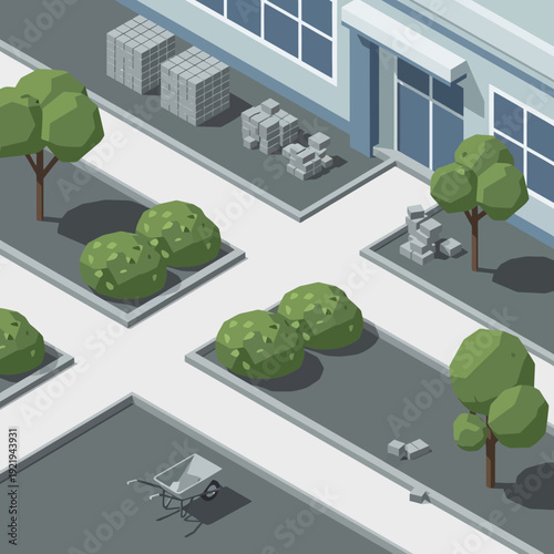 Warehouse exterior with neatly arranged trees and storage crates.