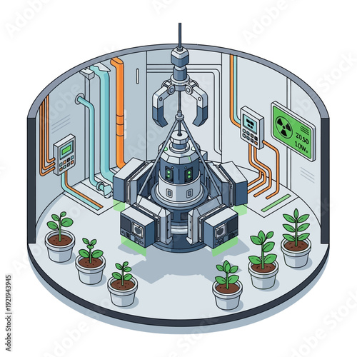 Futuristic Laboratory with Robot and Potted Plants.