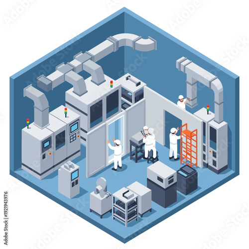 Isometric illustration of a laboratory setting with scientists working.
