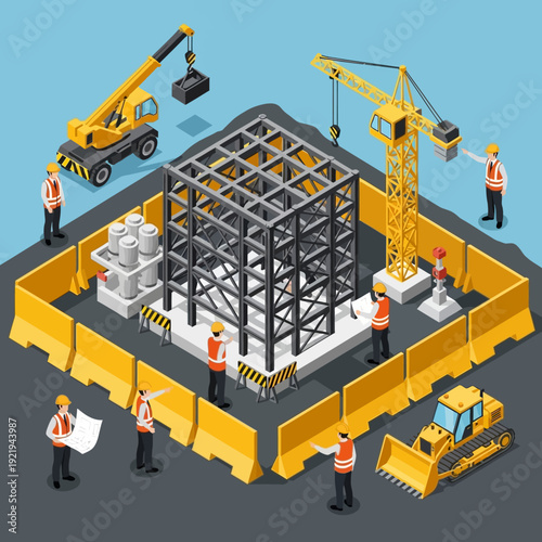 Construction Site with Workers and Heavy Machinery.