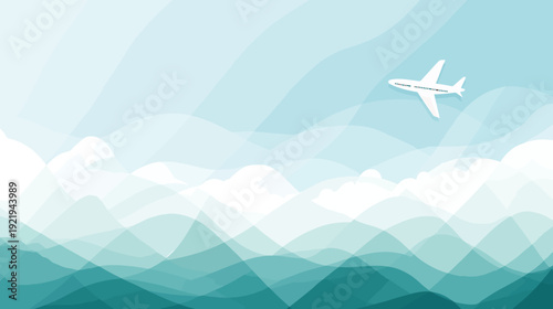 A white airplane flies over a stylized abstract landscape of layered, undulating forms and clouds