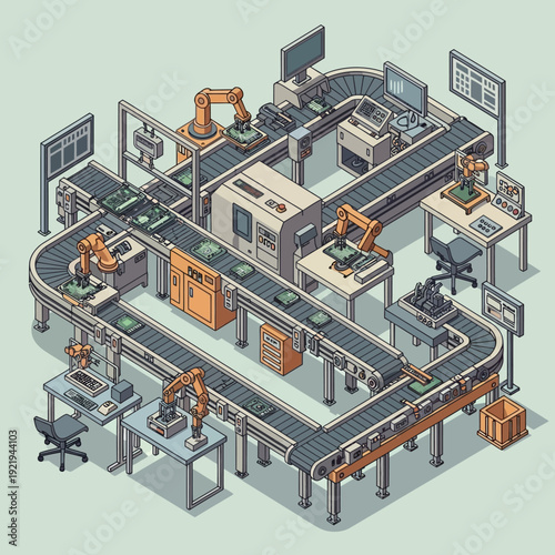 Isometric illustration of an automated factory production line with robotic arms and conveyor belts.