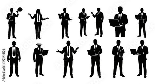 Silhouettes of businessmen in various poses with laptops and briefcases.