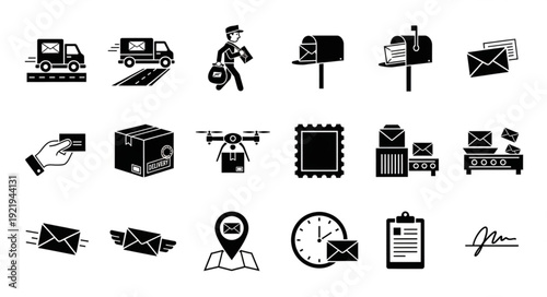 Collection of postal service and delivery icons in black and white.