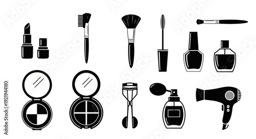 Collection of beauty and makeup products and tools.