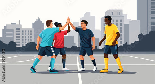 Diverse group of young athletes celebrating a victory with a high-five.