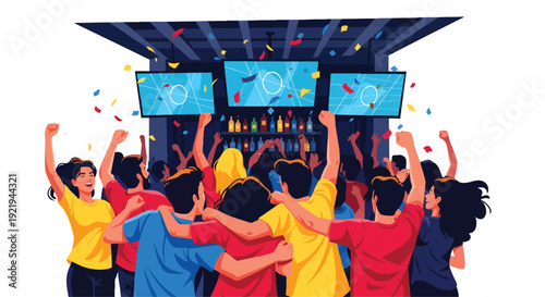 Excited crowd cheering at a bar watching sports on multiple screens.