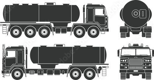 Oil tanker truck silhouette set, fuel transport vehicle in multiple views, industrial cargo transportation vector illustration collection