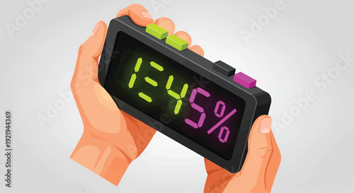 Hands holding a digital alarm clock displaying 12:45 and a percentage.