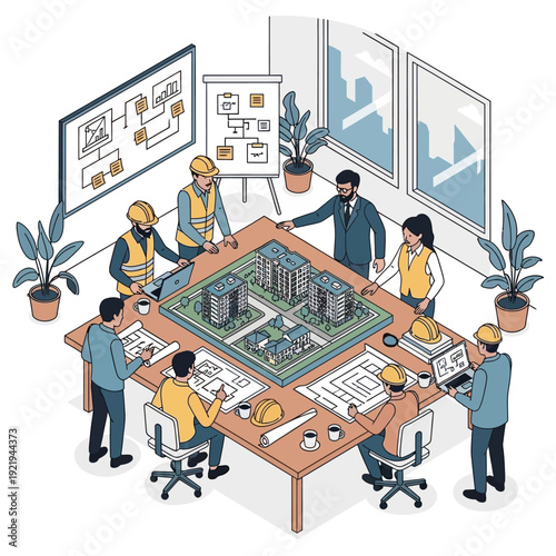 Team of architects and engineers collaborating on a construction project.