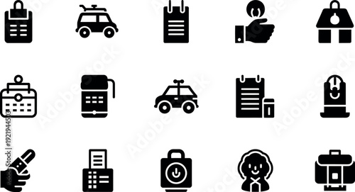 Collection of 12 black and white travel related icons