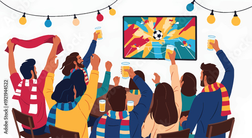 Excited fans watching a soccer match on TV in a bar cheering with drinks and scarves.