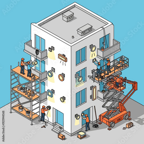 Isometric illustration of a building under renovation with workers on scaffolding and a cherry picker.