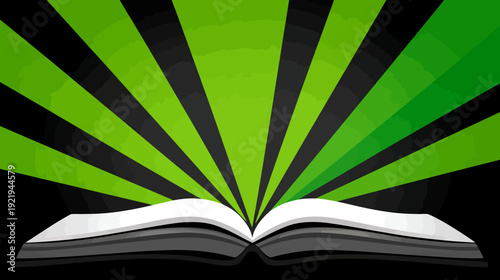 Open book with green, black, and white design featuring radial lines emanating from the open pages
