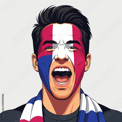Passionate male sports fan with face paint and scarf cheering loudly.