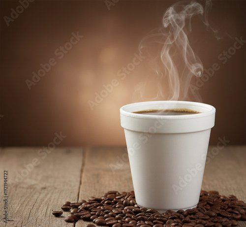 Styrofoam cup with hot coffee and coffee beans on the table over brown background