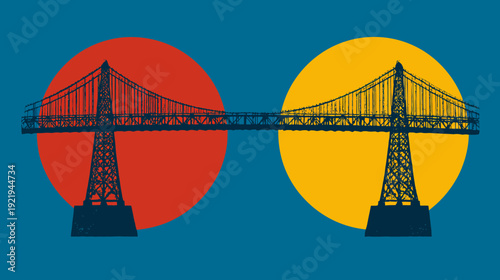 A bridge design spanning across a dark blue canvas, with circular vibrant suns on each side