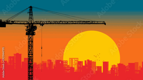 Silhouette of a construction crane over a cityscape at sunset with gradient colors and pixelated texture