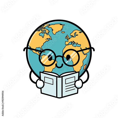 A cartoon globe with glasses reading a book, symbolizing global knowledge and education.