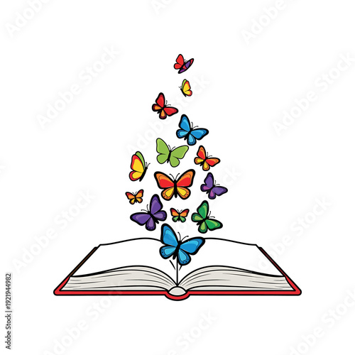 Colorful butterflies emerge from an open book in a magical scene