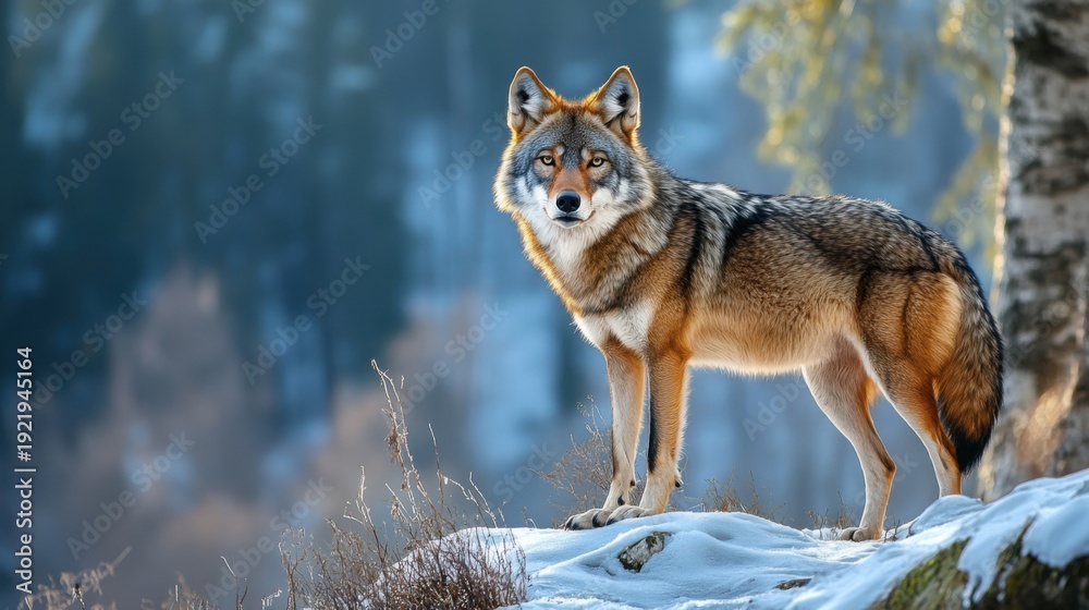 Fototapeta premium Majestic Wolf Standing on Snowy Hill in Winter Forest