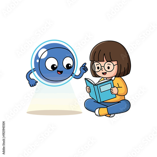 Young girl reading a book with an alien friend beside her in a peaceful setting