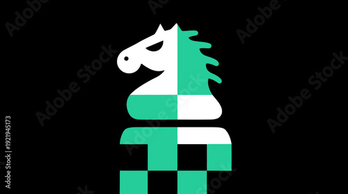 A geometric chess knight illustration in white and teal checkerboard pattern on black