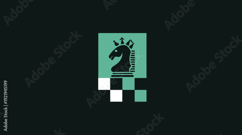 Black knight icon with crown on light teal square with chess squares in the bottom