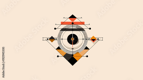 Abstract geometric artwork, a central eye-like shape, with symmetrical geometric patterns