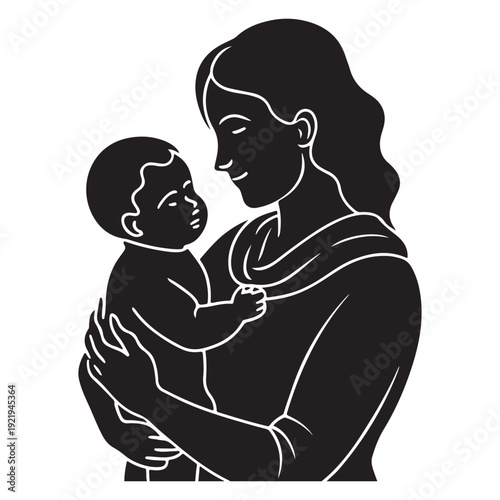 solid black mother and baby bonding silhouette isolated