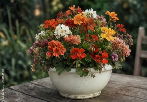 Wallpaper Mural colorful geraniums in a rustic ceramic pot on a wooden table. Torontodigital.ca