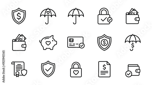 Digital Security and Financial Insurance Line Icons for Protection and Privacy