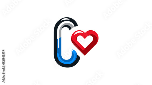 Modern abstract graphic of a carabiner with a layered blue/black design and a red 3D heart
