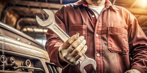 Skilled mechanic works on car engine in a workshop holding a wrench during daytime with tools and equipment around