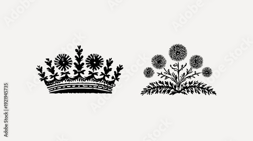 A black and white illustration of a crown and floral arrangement. Features a detailed, vintage design