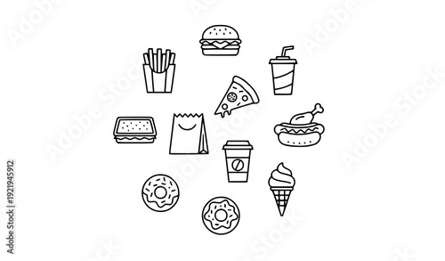 Fast Food Line Icon Set with Burger Fries Pizza Soda and Restaurant Outline Symbols Vector Collection